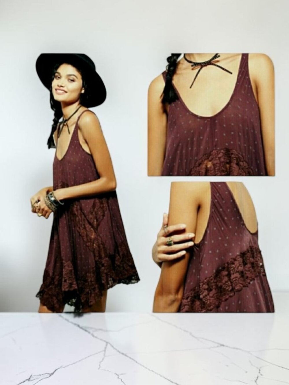 Free People Intimately Burgundy Lace Swiss Dot Slip Dress Boho Trapeze Size M